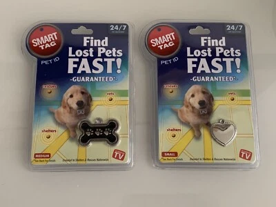 Find Lost Pets Fast!! Smart Tag Pet ID Medium Black Bone And Heart Tags 2x - Image 1 of 2