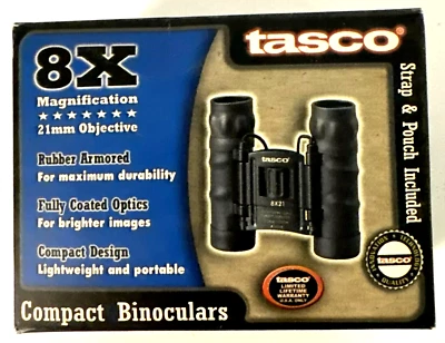Tasco 165RB Black Compact Folding Binoculars 8x21 Fully Coated Optics w/Case - Image 1 of 2