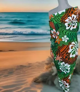 Pareo HawaiiaBathing Suit Swimwear Cover Up Sarong Lava Wrap ~ Green Orange - Picture 1 of 5