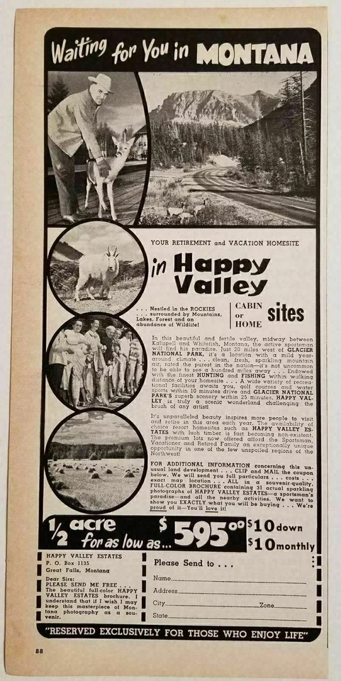 Anuncio impreso Happy Valley Estates 1963 cabaña o hogar sitios Great Falls, Montana Foto 1 de 1