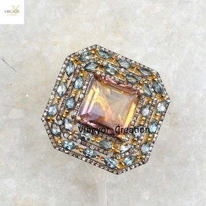 Pave Diamond Ametrine Gemstone Ring 925 Solid Silver Gold Plated Topaz Jewelry - Picture 1 of 6