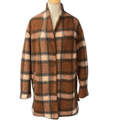 Abrigo en blanco NYC a cuadros Cocoon Wanderer forrado manga larga cierre de botones guisante talla M Foto 1 de 4