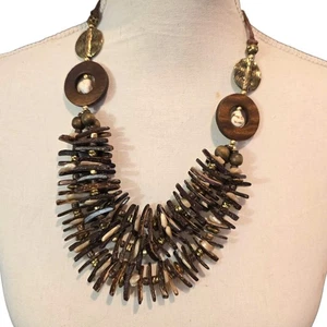 Statement Necklace Boho Bib Multi Strand Coconut Shell Beads Wood Brass Rope  - Picture 1 of 7