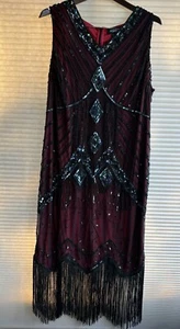 ASHRO Plus Size 18w Womens Evening Party Dress Red & Black Sequin Beaded Fringe - Picture 1 of 10