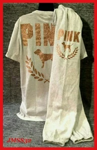 Victoria's Secret Pink Bling Campus Tee Shirt + Pants Set Gray Rose Gold L NWT - Picture 1 of 12