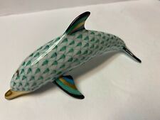 Herend Hand Painted Porcelain Fishnet Green Gold Dolphin Ocean Mammal Figurine