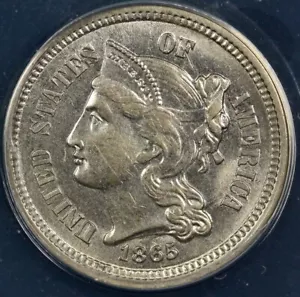 1865 3cn Three Cent Nickel ANACS AU 55 Details Scratched - Picture 1 of 5