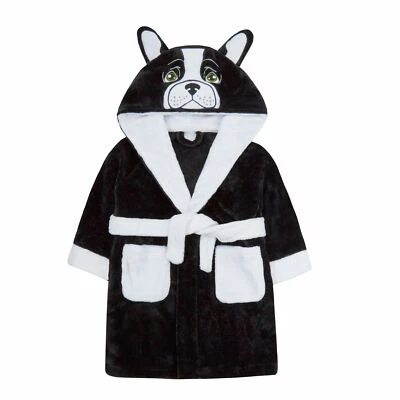 KIDZ OUTLET Boys Girls 3D French Bulldog Robe Hooded Fleece Dressing Gown Dress Up Bathrobe