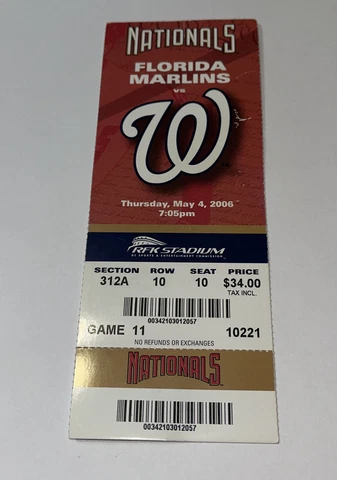 Washington Nationals Vs Florida Marlins Game Day ticket Stub. 5/4/2006 Cover