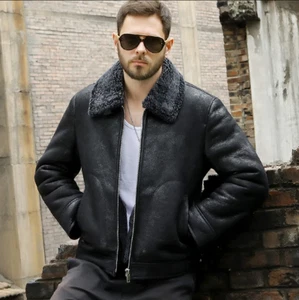 Denny&Dora New Mens B3 Shearling Jacket Short Fur Coat Black Leather JacketS-XXL - Picture 1 of 8