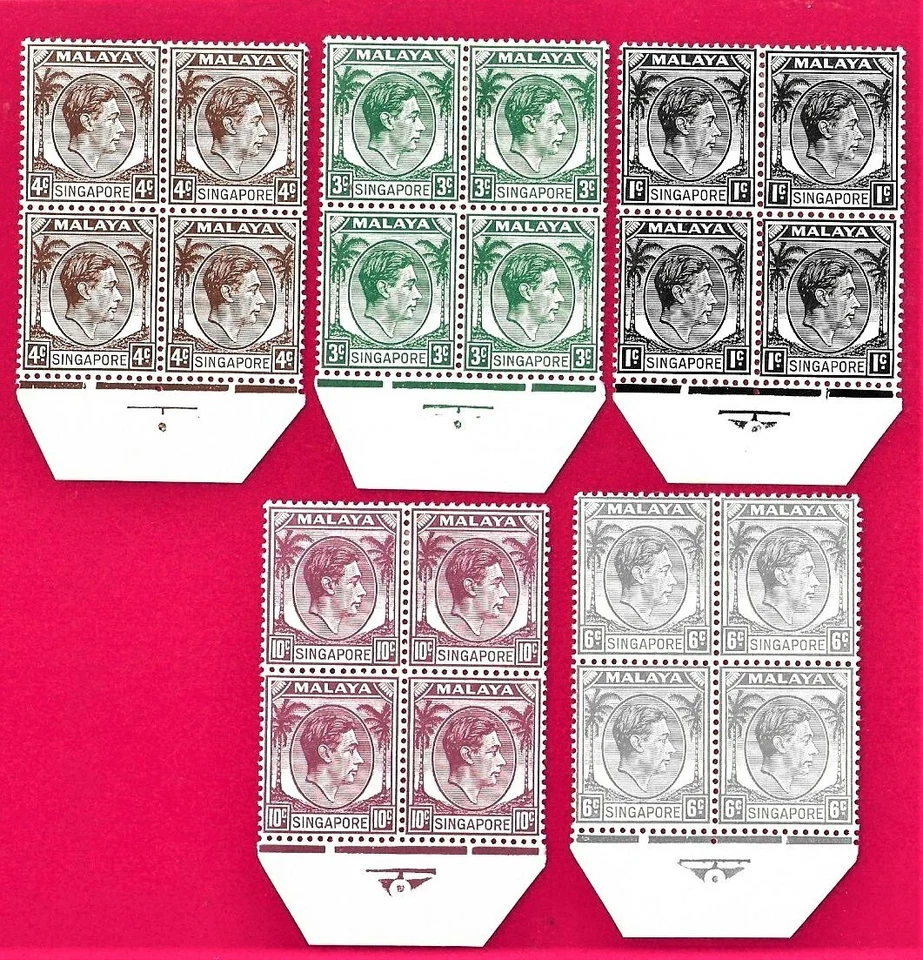 STRAITS SETTLEMENTS/ Singapore:1948-58 Perf. 14 Selection of Blks HM/MNH - Image 1 of 2