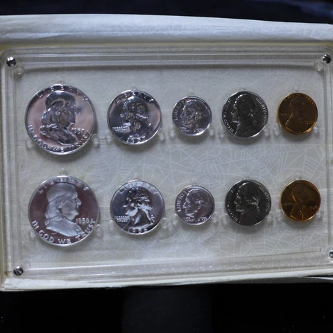 1956 & 1957 US Proof Sets in Vintage Plastic Holder,  Cameo 1956 Half Cover