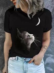 Cat Print Tee Shirt Short Sleeve Crew Neck Summer Spring Hipster Tops Women - Picture 1 of 5
