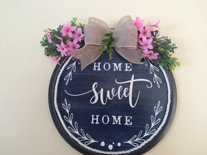 Home Sweet Home Round Wall Hanging Handmade Foliage & Pink Wldflowers-Burlap Bow - Picture 1 of 1