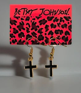Betsey Johnson Gold Tone Black Enamel Crucifix Cross Dangle Earrings NWT - Picture 1 of 5