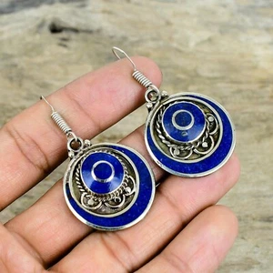 Lapis Lazuli Earrings 925 Sterling Silver Tribal Ethnic Nepali Jewelry For Gifts - Picture 1 of 4