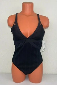 Athena Womens Ribbed V Neck Plunge One Piece Swimsuit Black Size 6 - Picture 1 of 4