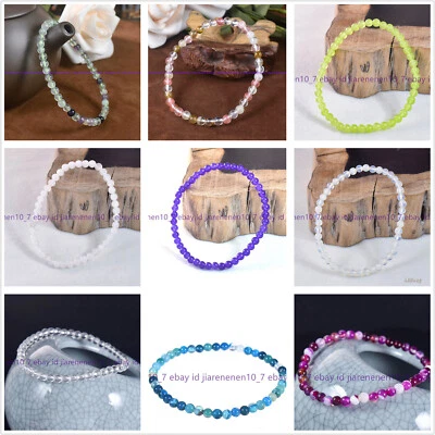 4mm Natural Gemstone Beads Stretchy Beaded Bracelet Crystal Healing Reiki Chakra - Image 1 of 4