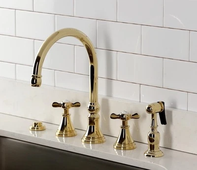 Grifo de cocina Kingston Essex KS2792BEXBS de 4 orificios con rociador - latón pulido Foto 1 de 4