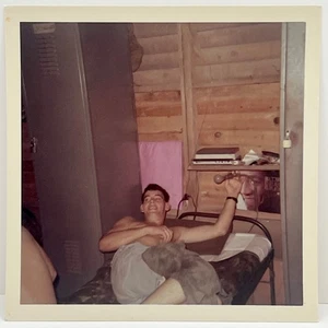 1960s Handsome Shirtless Man in Bed Affectionate Gay Int Vtg Snapshot Photo - Picture 1 of 4