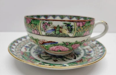 VINTAGE CHINÊS ROSA CANTÃO BORBOLETA MARIPOSA PEÔNIA ARO LARGO COPO E PIRES - Imagem 1 de 4