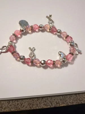 Breast Cancer Crusade Ribbon Charm Bracelet Pink & Silvertone Ribbons~Stretch - Image 1 of 2