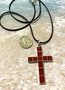2.65” Long Mexico Sterling Silver CROSS Carved Coral 925 Necklace Pendant 16g - Picture 1 of 3
