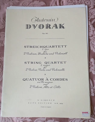 Antonin Dvorak String Quartet in E Major Op 80 Parts N Simrock Elite Edition - Image 1 of 2