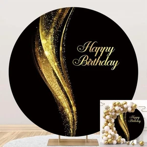 Black and Gold Round Backdrop 7.2ft Shining Happy 7.2ft, NWH13710 - Picture 1 of 6