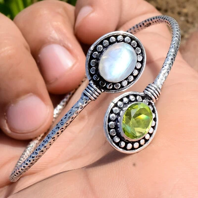 Fire Moonstone, Peridot Gemstone Bracelet 925 Sterling Silver Attractive Cuff - Image 1 of 4