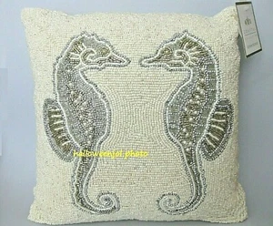 COASTAL COLLECTION Beaded Pillow SEAHORSE Silver Cream 14" Beach Ocean Decor - Picture 1 of 7