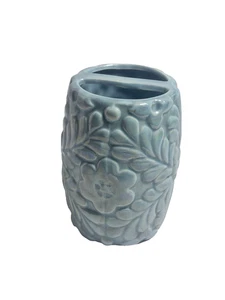 Floral Embossed Ceramic Toothbrush Holder 5 inches tall iridescent blue glaze - Picture 1 of 13