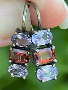 Sterling Silver 925 Vintage faceted Amethyst Garnet Drop earrings - Picture 1 of 14