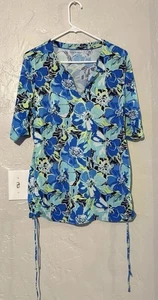 Lands End Swim Top Rash Guard Womens L Ruched Tie Hem Stretch Beach Vacay 14-16 - Picture 1 of 5