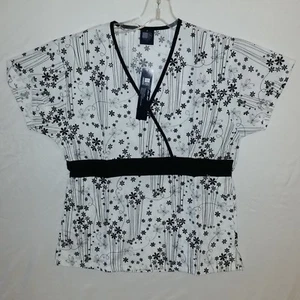 MG Medgear Women Mock Wrap Black White Butterfly Scroll Scrub Top Size XS - Picture 1 of 4