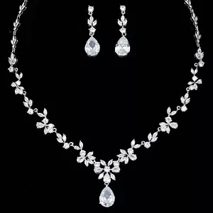 White Gold Plated Zirconia CZ Necklace Earrings Bridal Wedding Jewelry Set 06367 - Picture 1 of 9