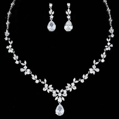 Conjunto de joyas de boda nupcial pendientes collar circonita circonita circonita chapado en oro blanco 06367 Foto 1 de 4