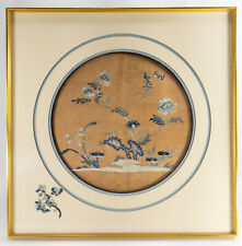 Antiqued Framed Chinese Silk Embroidered Robe Panel Floral Bats Wufu Orange
