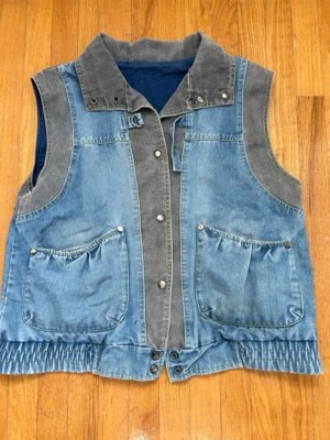 Izzi Mujer M Vintage 1985 Retro Denim Chaleco Chaqueta Oculto Sombrero Sudadera con Capucha Forrado Foto 1 de 4