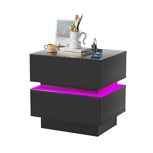Nachttisch RGB LED Hochglanz Nachtschrank USB Beistellkommode mit 2 Schubladen