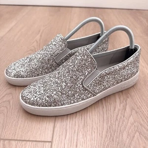 Michael Kors Keaton Slip On Glitter Jewel Flats Comfort Shoe Sz 7.5 Silver Gems - Picture 1 of 6