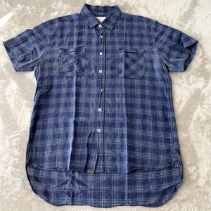 Billy Reid Button Up Shirt Men Large Blue Check Linen Blend Short Sleeve $198 - Picture 1 of 12
