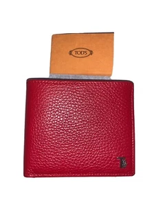 Tods Italy Foglio Leoni Red Leather Bifold Leather Wallet Slim $375 - Picture 1 of 10