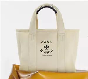 TORY BURCH Mini Mercer Tote Hand Bag Purse Ivory Cotton Canvas Black Tory Logo - Picture 1 of 2