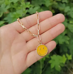 Yellow Smiley Face Paperclip Necklaces, Gold Chain - Positive Happy Jewelry - Picture 1 of 5