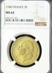 1940 France, Third Republic AL-Æ 5 Francs Algeria. NGC MS 64 Highest Graded  - Picture 1 of 2