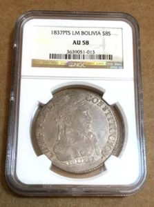 1837 Bolivia Potosí 8 Soles NGC AU 58 MS Reverso Bolívar Relaes Peso Corona - Imagen 1 de 2