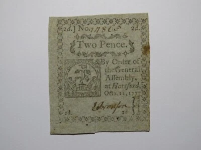1777 Two Pence Hartford Connecticut CT Blue Paper Colonial Currency Note Bill AU - Image 1 of 2