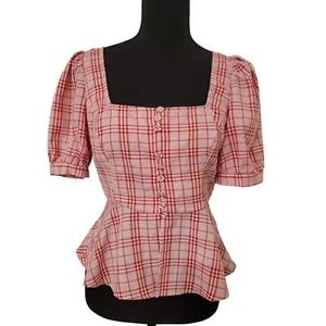 Lulus Milkmaid Romántico Cuadros Animación Rojo Puff Peplum Top Coqueta de Casa XS - Imagen 1 de 15