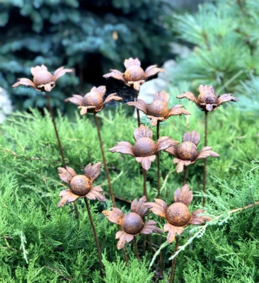 Rusty flowers set of 10, 10 Rusty flowers garden stakes, Metal garden decor - Image 1 of 4